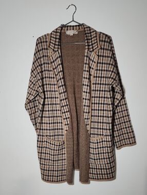 LOFT Brown and Cream Plaid Open Coatigan
